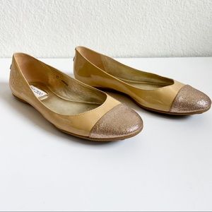 Jimmy Choo patent leather gold glitter cap toe flats